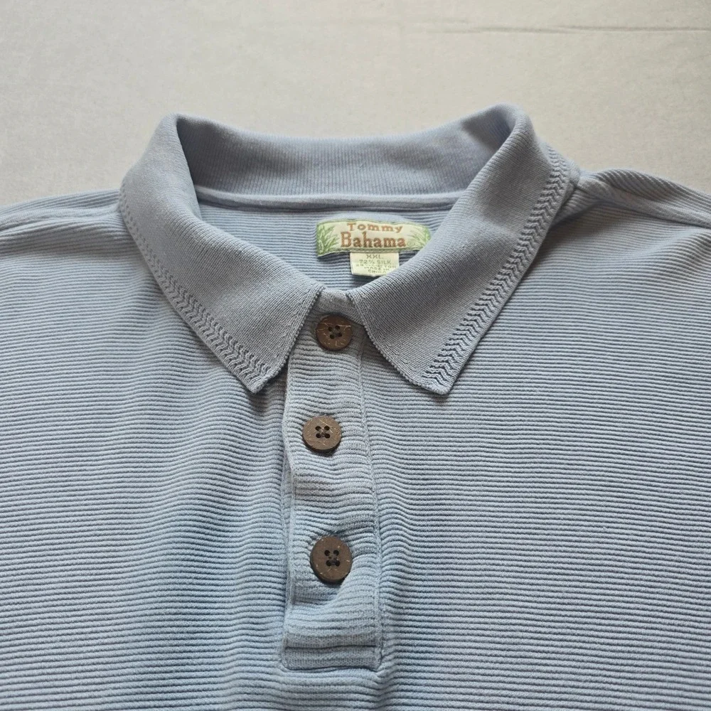 Tommy Bahama Men XXL Light Blue Silk Cotton Ribbed Short Sleeve Polo Shirt